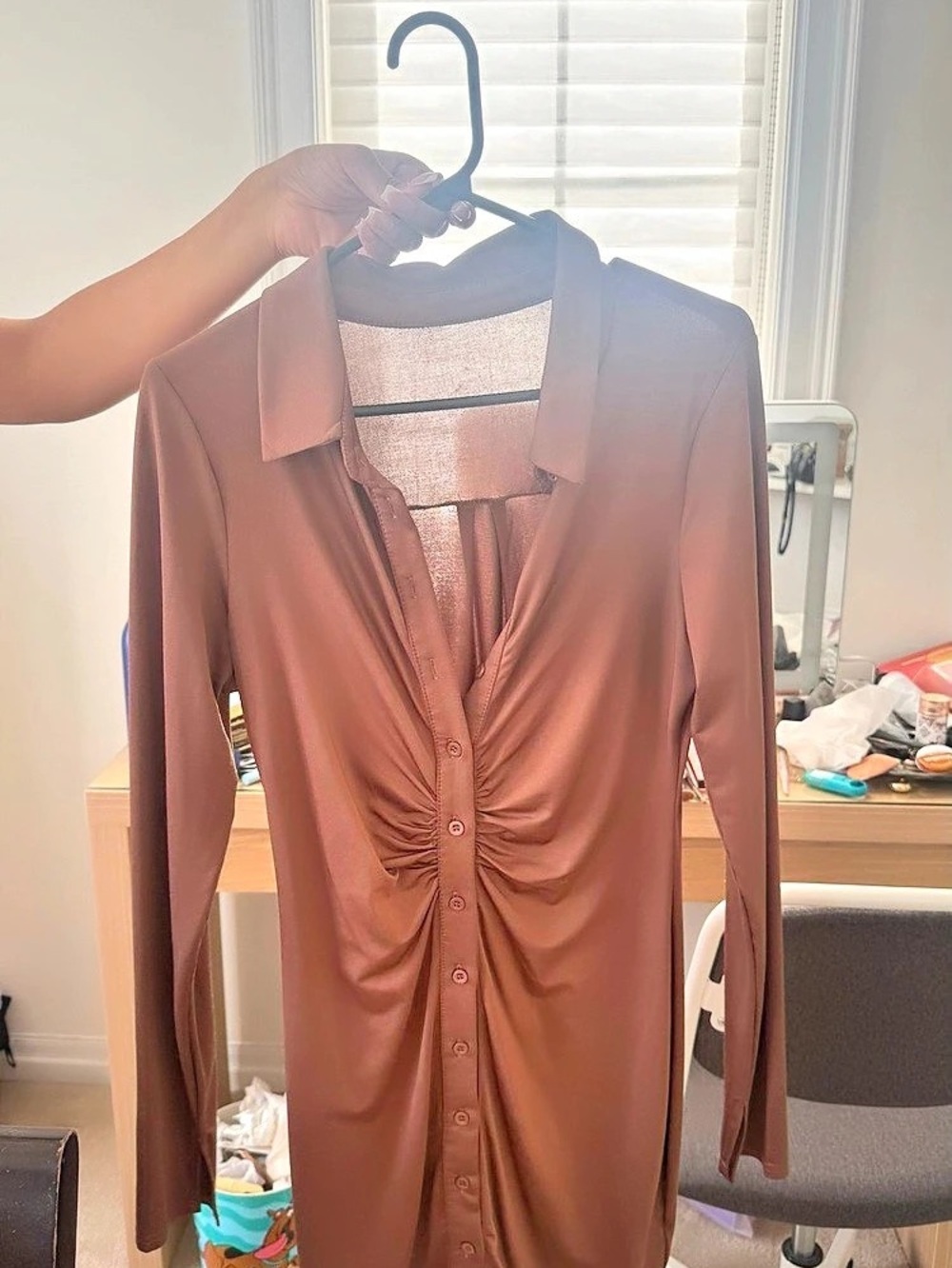 Women's Ruched Long Sleeve Dress in Brown Like New